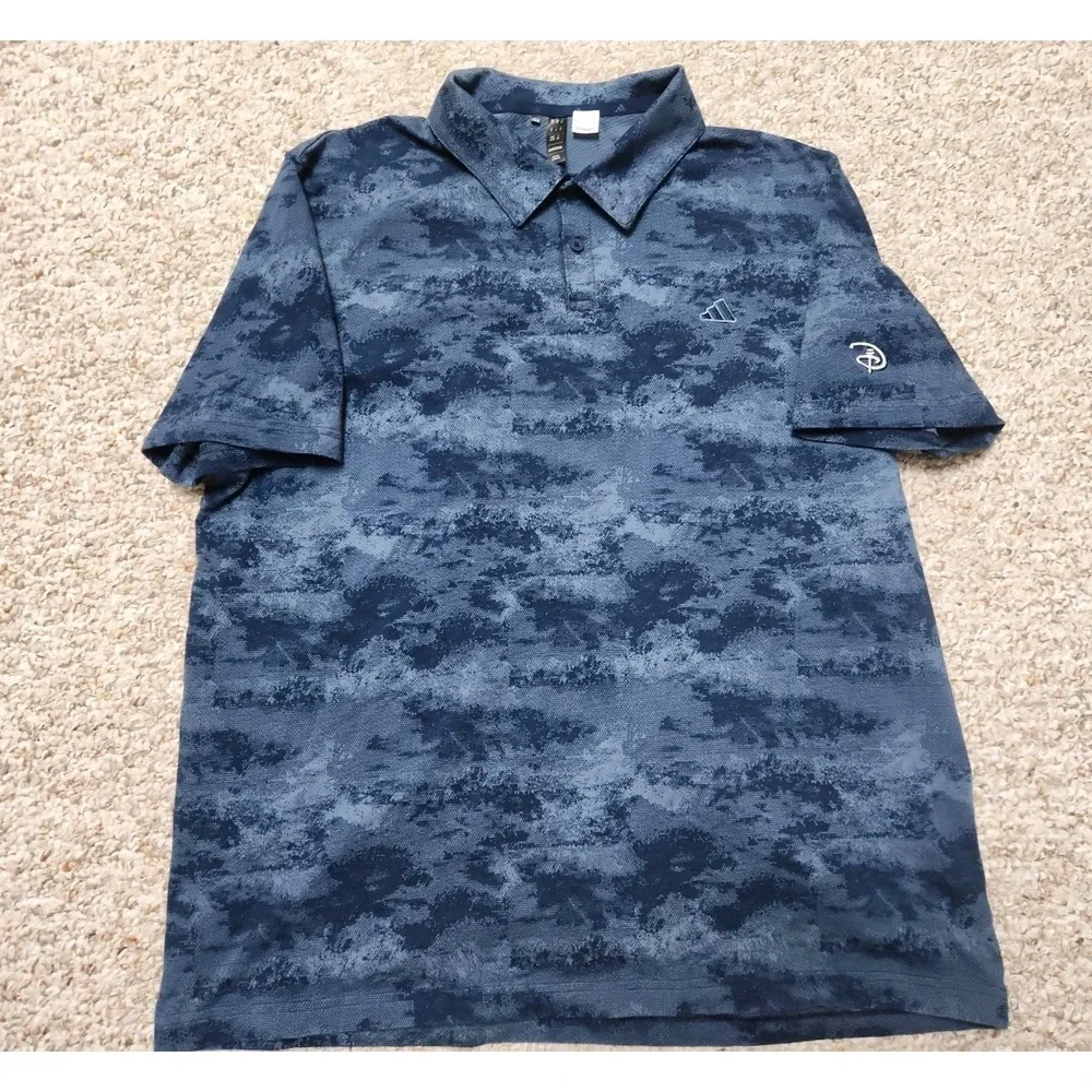 Adidas Disney Golf Polo Shirt Men's XL‎ Blue Ink Camo All Over Print Performance